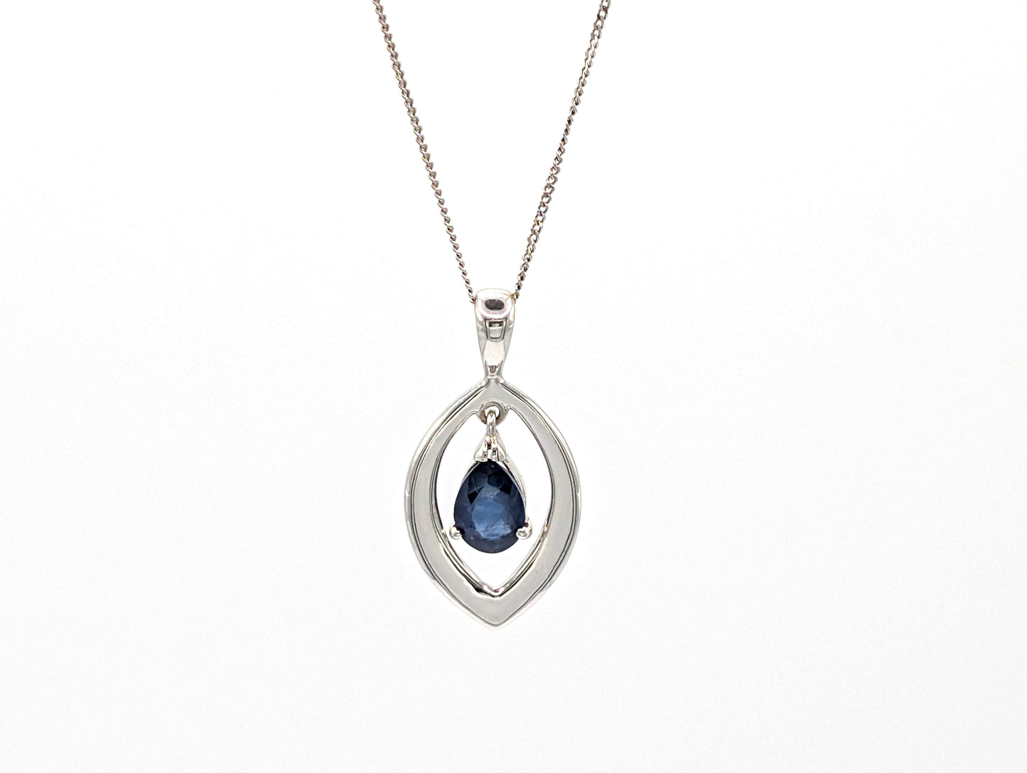 9ct White Gold Saphire Teardrop Pendant Necklace