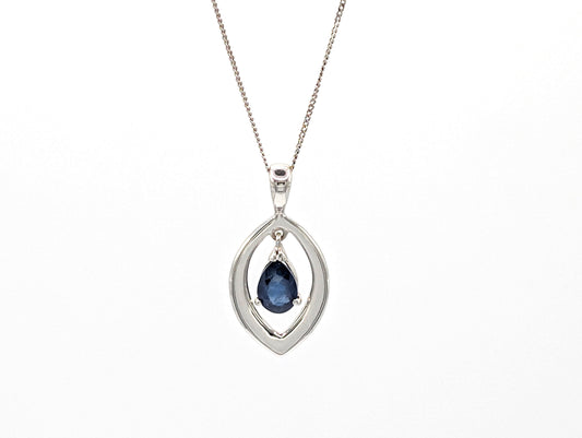 9ct White Gold Saphire Teardrop Pendant Necklace